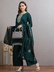 Emerald Green Embroidered Kurta Palazzo Set with Dupatta